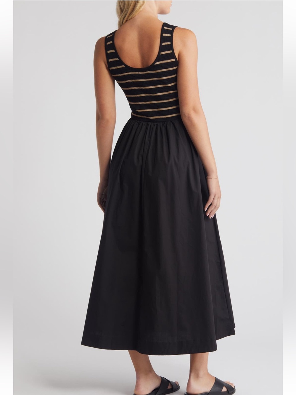 Moon River Stripe Bodice Mixed Media Midi Dress Black/ Tan Color Size Small - Picture 2 of 13